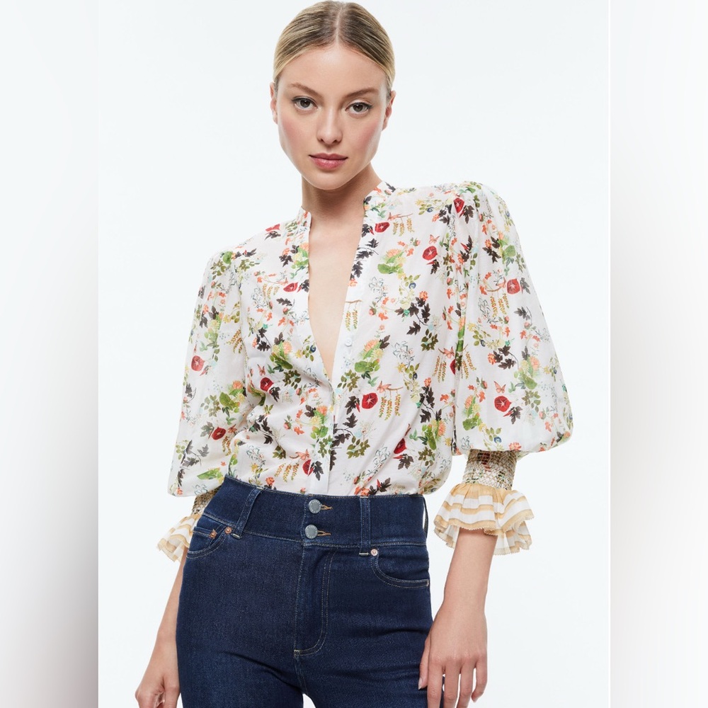 Alice + Olivia Multicolor Floral Button-Front Blouse